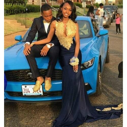 2020 South African Black Girls Sexy Blue Prom Dress Gold Appliques Formal Evening Party Gown Plus Size Ballgown Dress Elegant