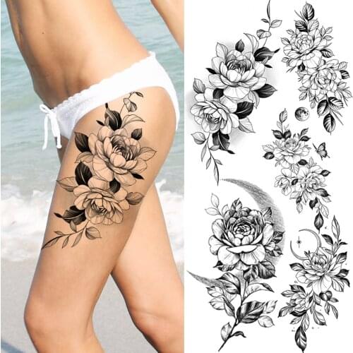3D Realistic Large Rose Flower Temporary Tattoos For Women Adult Peony Moon Fake Tattoo Sticker Sexy Thigh Waterproof Tatoos