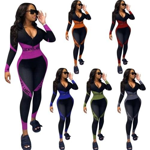 74D8225 Autumn Winter Women Casual Patchwork Letter Print Sports Skinny Two Piece Set Top and Pants Tracksuit Sweatsuit Outfits