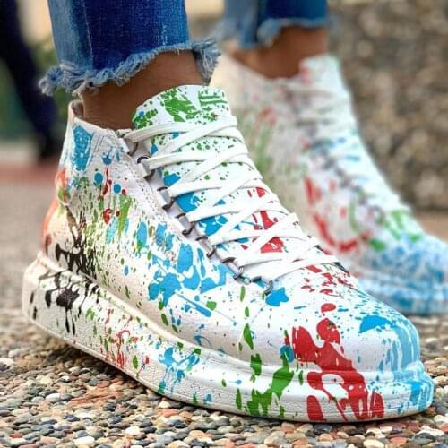 Chekich Unisex Sport Boots White and Colorful Pattern Artificial Leather Shoes for Men and Women Lace Up Big Size Print Winter Autumn Sneakers Casual Trend Wedding Lightweight Breathable High Quality New Brand CH265 V5