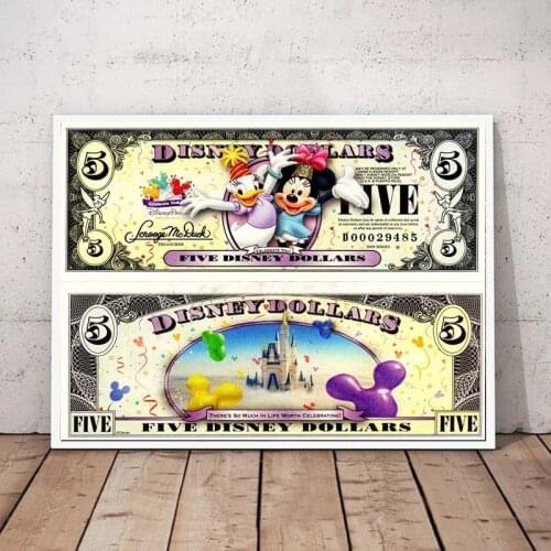Cartoon Mickey and Minnie Disney Canvas Poster Unique Wall Decor Money Press 5 Dollar Bill Watercolor Painting for Living Room