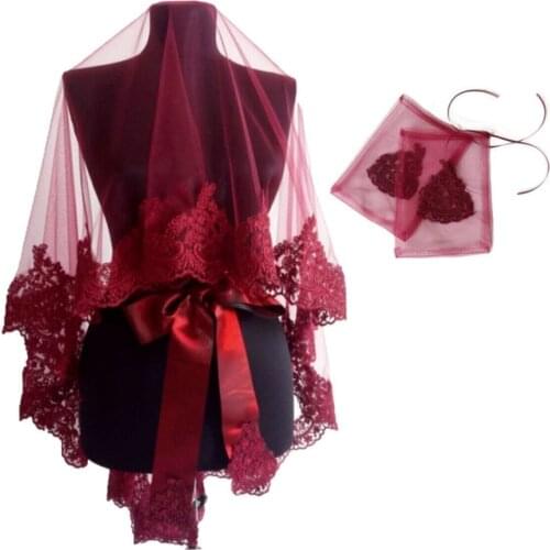 Burgundy Guipure Bridal Veil Gloves Girdle Full Set Bridal Veil wedding marriage henna night accessory elegant lace guipure