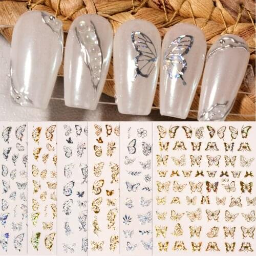 Laser Gold Sliver Butterfly 3D Nail Sticker Adhesive Shinning Sliders Stickers Manicure Decals Nail Art Decoration Accesoires