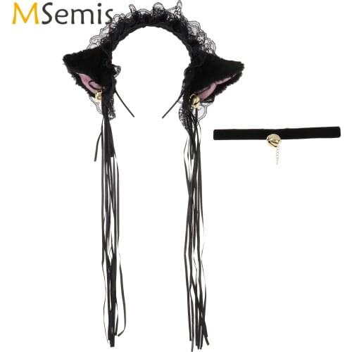 Lolita Plush Cat Ears Ribbon Bells Collar Set Straps Tassel Hair Hoop Headwear Halloween Cosplay Hair Accessories for Women Girl