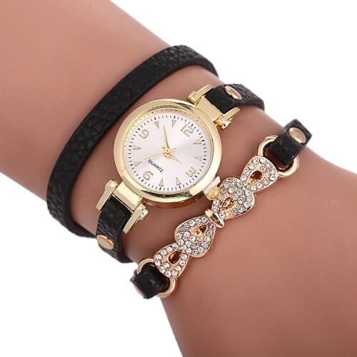 Fashion Hot Women Long Leather Bracelet Watches Gold Fashion Bowknot Rhinestone Quartz Watch Hot Sale Casual Wrist Watch 919195