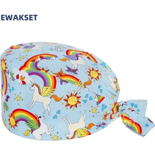 New Surgicals Cap with Sweatband 100% Cotton Anime Print elastic Nurse Beauty Salon Clinic Work Scrubs Hat Long Hair Women Men