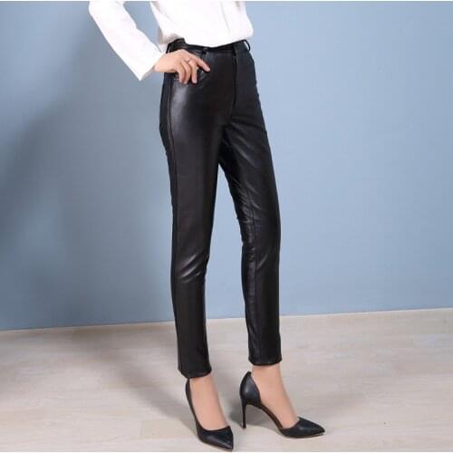 Slim New Women Genuine Office Lady Real Leather Trousers Plus Size 4XL Full Length Sheepskin Pencil Pants Female