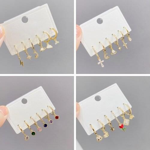 Aide 6pcs/set Zircon Moon Star Lightning Bolt Pendant Dangle Earrings Rose Cross Fish Charm Circle Drop Earrings Set Jewelry