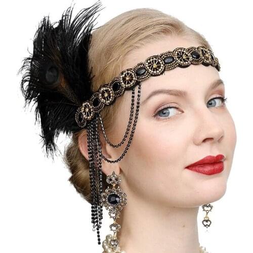 Indian Feather Headband Rhinestone Inlay 1920S Vintage Style Masquerade Role Playing Tassel Bead Chain Hair Accessories Headband