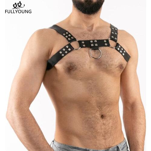Fullyoung Harness Men Chest Leather Adjustable Belts Sexy Male Suspender Gay Waist Garter Goth Bondage Cage Body Lingerie