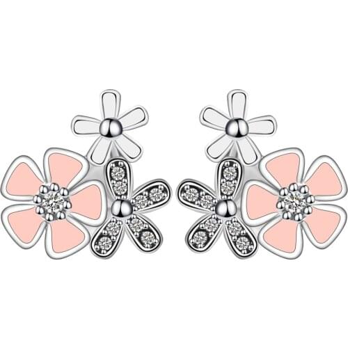 Hainon Pink Luxury white Gold Color Flower Stud Earrings with Zircon Stone Women Birthday Gift cute elegant Bijouterie earring