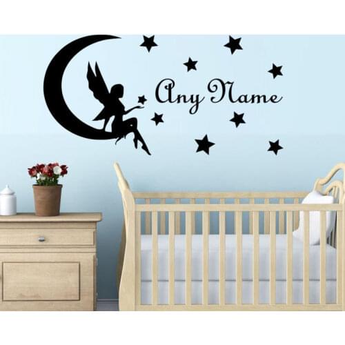 Removable Personalised Name Vinyl Wall Sticker Fairy On The Moon Girls Bedroom Decal DIY Kids Nursery Princess Room Decals M-131