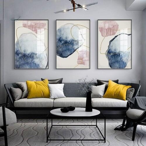 Nordic Abstract Blue Watercolor Canvas Painting Golden Lines Poster Wall Art Modular Pictures for Living Room Interior Decor