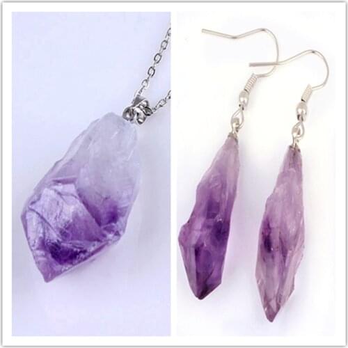 Trendy-beads Popular Silver Plated Irregular Shape Natural Amethysts Pendant Dangle Earrings For New Year Jewelry Sets