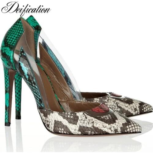 Deification Sexy Snakeskin Slip-on Shoes Woman Patchwork Gladiator High Heels Celebrity Positano Elaphe & PVC Lady Party Pumps