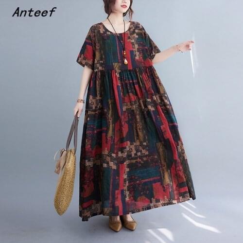 Short sleeve cotton vintage floral dresses for women casual loose long woman summer dress elegant clothes 2021