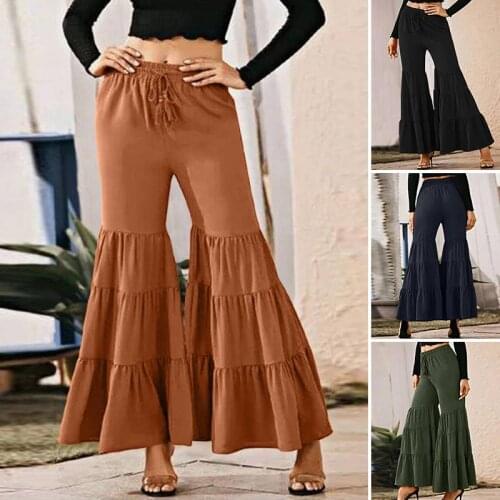 2021 Casual Ruffles Flare Pants ZANZEA Elegant Women Wide Leg Trousers Autumn Solid Turnip Long Pantalon Palazzo Pants Oversized