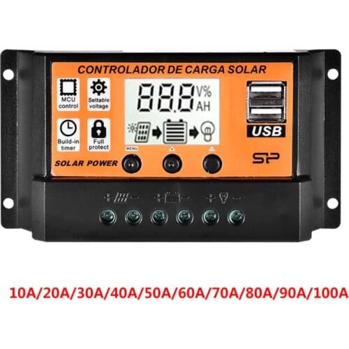 MPPT 10A/20A/30A/40A/50A/60A/70A/80A/90A/100A Auto LCD Screen Solar Charge Controller Dual USB Solar Panel Regulator