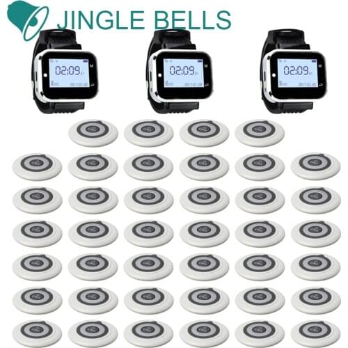 JINGLE BELLS Wireless Waiter Calling System For Restaurant Service Pager System 3 Watch Receiver, 40 Call Button Hotel Call Bell