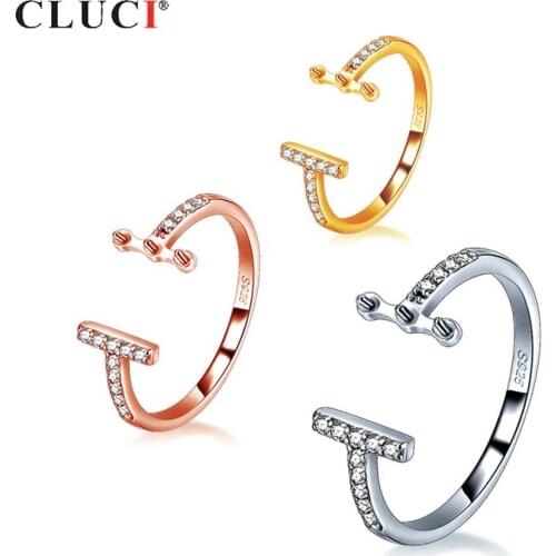 CLUCI 925 Sterling Silver Adjustable Zircon Open Rings for Women Real Silver 925 Pearl Ring Mounting Gift Jewelry SR2238SB