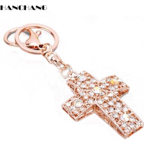 HANCHANG Handbags Purse Jewelry Keychain Alloy Hollow Crystals Cross Pendant Key Ring Chain Jewelry Boutique Christian Gift