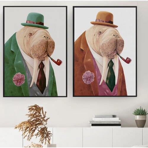 Walrus green art print poster animal clothes wall picture exquisite gentleman walrus canvas painting kindergarten childrens roo