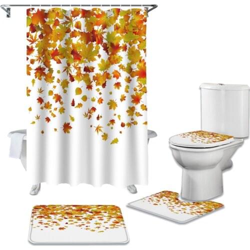 Maple Leaf Fall Shower Curtain Sets Non-Slip Rugs Toilet Lid Cover and Bath Mat Waterproof Bathroom Curtains