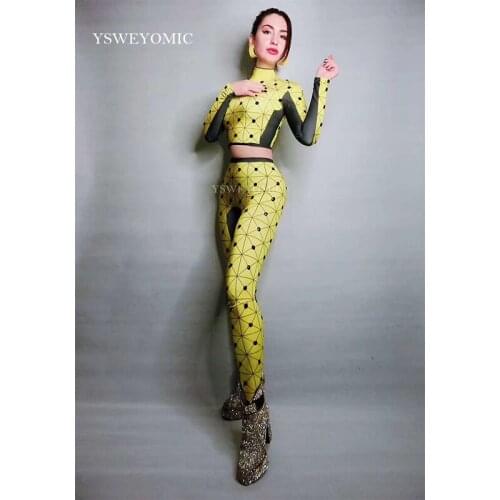 Black Dots Printed Jumpsuit Cute Split Yellow Stretch Rompers Sexy Costume Nightclub Party Show Celebrate Bodysuit Stage Wear