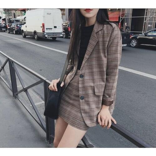 Obrix Two Pieces Formal Female Set Plaid Pattern V-Neck Single Breasted Full Sleeve Jacket Short Skirt Office Lady Set For Women