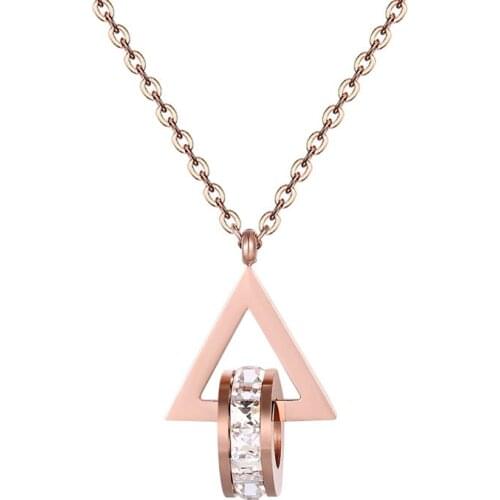 Beautiful Triangle Hang Circle Shiny Crystal Pendant Necklace Titanium Steel Rose Gold Color Necklace Brand Jewelry For Women
