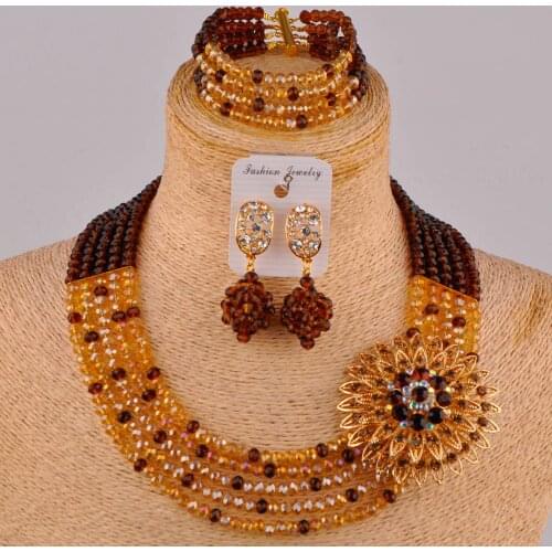 Beautiful brown and gold ab nigerian wedding african beads jewelry set crystal 5SZ-019