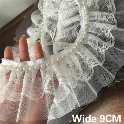 9CW Wide Luxury Tulle White 3D Pleated Lace Ribbon Fabric Glitter Beads Ruffle Trim Bridal Applique Handmade Sewing DIY Crafts