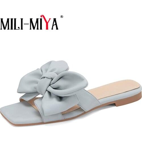 MILI-MIYA Big Bowknot Flat Sandals Woman Fashion Square Toe Genuine Leather Slippers Summer Party Dress Shoes Large Size 34-42