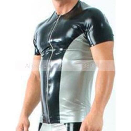 Male Rubber Latex Top T-shirt Tight Black and Silver Shirt Front Zip S-LSM005
