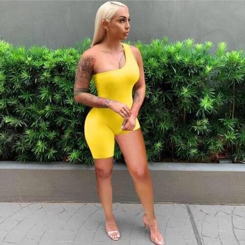 Neon Yellow One Shoulder Sleeveless Short Playsuit Women Inclined Shoulder Backless Rompers High Street Summer Asymmetry Outfit