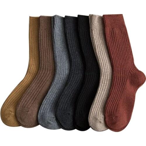Wool Socks Women Winter Thickened Solid Japanese Happy Cute Sweet Girl Kawaii Retro Basic Calcetines 7 Pairs Pack Lot