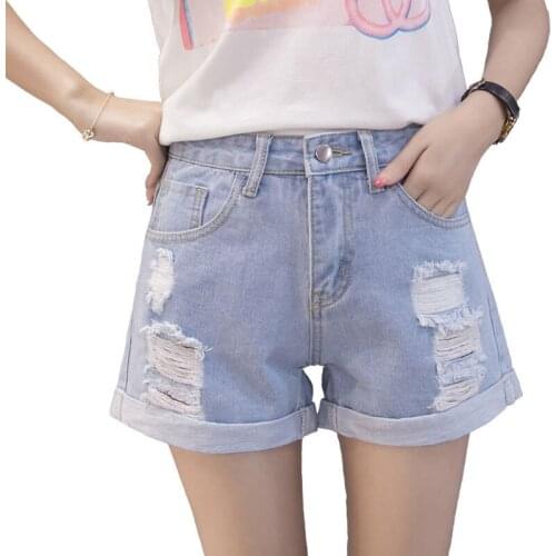 Wholesale teenagers girls Cotton high waist denim shorts female Korean hole 2021 new loose student all-match A-line pants