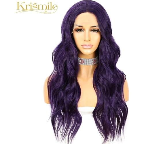Krismile Long Wavy Synthetic Lace Wigs T Part Mixed Purple Middle Part Wig High Temperature Party Cosplay Daily for Women Wear