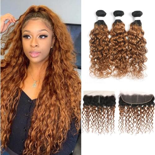 Ombre Bundles With Frontal Brazilian Water Wave 3 Bundles With Closure SOKU 1B/BURG Ombre Red Human Hair Weave Bundles Non-Remy