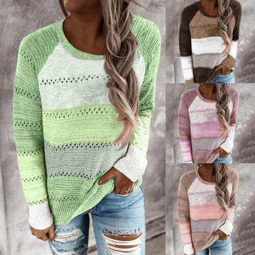 Fashion Women Striped Sweater Autumn Round neck long sleeve color block sweater top Loose Knit Pullover Patchwork pull femme