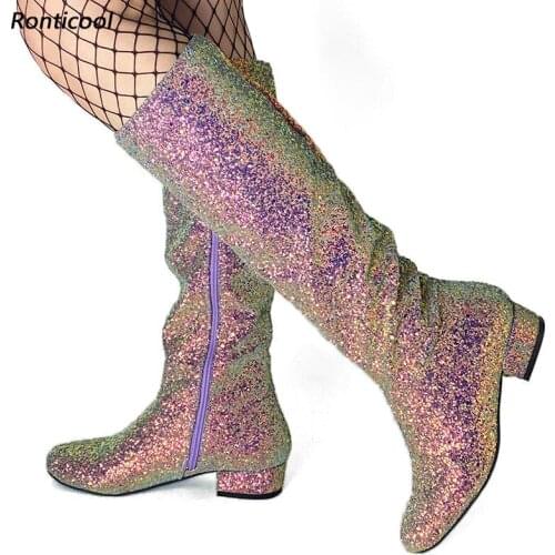 Ronticool New Women Winter Glitter Knee Boots Side Zipper Chunky Heels Round Toe Gold Silver Night Club Shoes Plus US Size 5-20