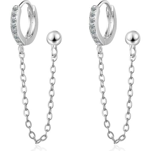 Newest Double Ear Hole silver color Chain Earrings for Women Gift Jewelry gold color Long Tassel Ball Earrings Oorbellen