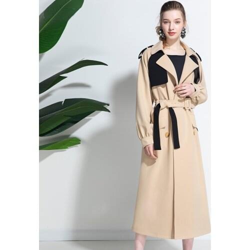 2020 Autumn Khaki Trench Coat for Office Lady Adjustable Waist Patchwork Double Breasted Long Coat Turn-down Collar Outwear 1142