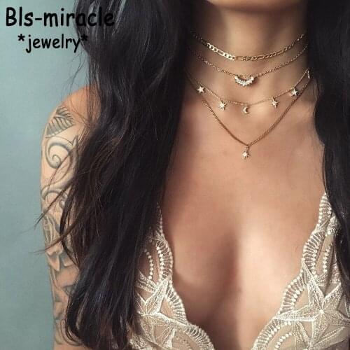 Boho Fashion Crystal Sun Moon Geometry Pendant Necklaces For Women Vintage Gold Necklace Multilayer Female Jewelry Wedding Gift