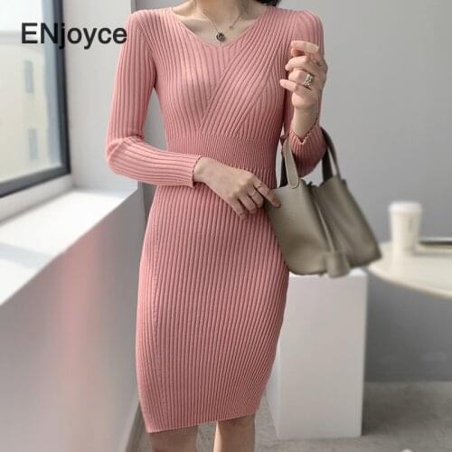 Women Elegant Slimming Knitted Bodycon Dress Office Ladies V-neck Long Sleeved Pink Knit Sweater Dresses Spring Fall