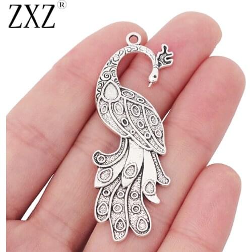 ZXZ 10pcs Tibetan Silver Large Peafowl Peacock Charms Pendants for Necklace Jewelry Making Findings 62x22mm