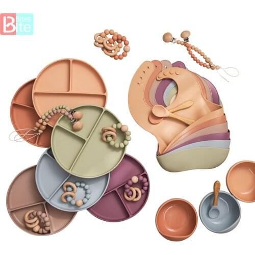 6PCS Baby Feeding Tableware Food Grade Silicone Bowl Bib Plate Spoon Pacifier Chain Bracelet Silicone Feeding Set BPA Free