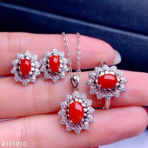 KJJEAXCMY boutique jewelry 925 sterling silver inlaid Natural Red Coral Necklace Ring Earring Suit Support Detection fashion