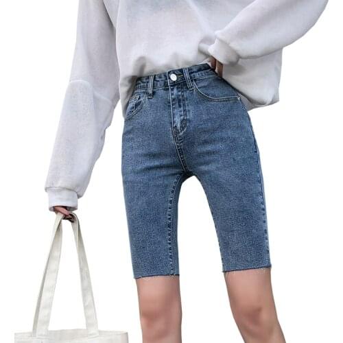 Black Blue Denim Five-Point Pants Womens Summer New Spring and Summer High-Waist Shorts Tights Casual All-match Cotton Jeans