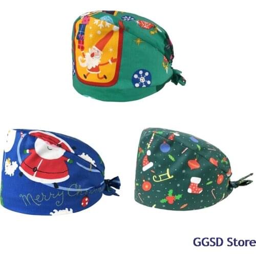 Cotton Christmas Print Nursing Hat Adjustable Work Scrub Cap for Beauty Salon Pet Shop Nursing Cap Nurse Doctor Christmas Gifts